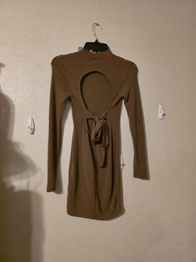 Papaya Brown Long Sleeve Backless Tie Dress